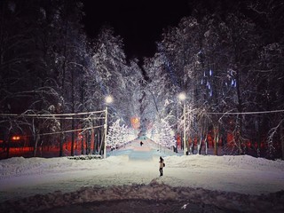Winter New Year park, illuminated with garlands. A lonely girl is waiting for someone.