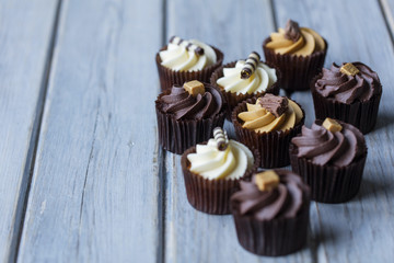 Cupcakes decorated with chocolate,caramel and vanilla icing on a wooden background