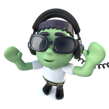 3d Funny cartoon frankenstein monster character wearing headphones to listen to music