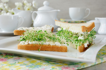 Sandwich with ricotta and alfalfa sprouts