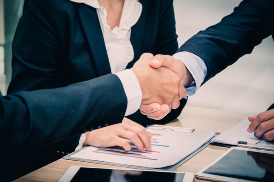 Businessmen handshaking after striking grand deal.