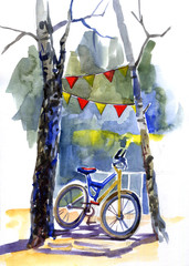 Hand drawn watercolor romantic trees, bicycle and flag garlands.