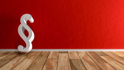 White paragraph symbol in front of a red wall in a room with wooden florr as 3d rendering
