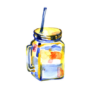 Glass mug with lid and tube. Hand drawn watercolor painting on white background.