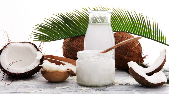 Coconut products with fresh coconut, Coconut flakes, water and oil