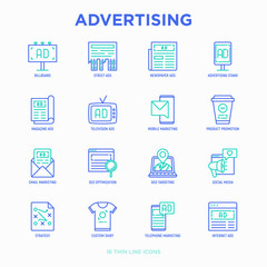 Fototapeta premium Advertising thin line icons set: billboard, street ads, newspaper, magazine, product promotion, email, GEO targeting, social media, strategy, custom shirt, internet, banner. Vector illustration.