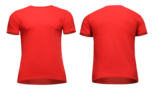 Blank Template Men Red T Shirt Short Sleeve, Front And Back View Bottom-up, Isolated On White Background. Mockup Concept Tshirt For Design And Print