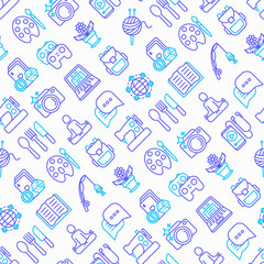 Hobby seamless pattern with thin line icons: reading, gaming, gardening, photography, cooking, sewing, fishing, hiking, yoga, music, travelling, blogging. Vector illustration, web page template.