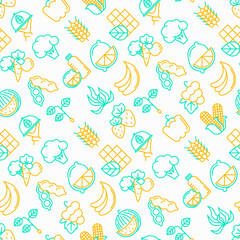 Organic products seamless pattern with thin line icons: corn, peas, raw cafe, broccoli, grapes, sprouts, seaweed, watermelon, fresh juice. strawberry. Modern vector illustration for vegetable shop.