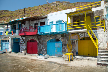 Colorful houses in Firopotamos in Milos in Greece