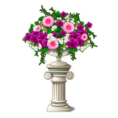 Vintage marble vase with flowers in the form of an ancient column isolated on white background. Element of landscape design of the park. Vintage architecture. Vector cartoon close-up illustration.