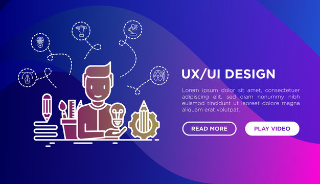 UX/UI design concept: creator generates idea, with thin line icons: start up, brief, brainstorming, puzzle, color palette, creative vision, genius. Modern vector illustration, web page template.