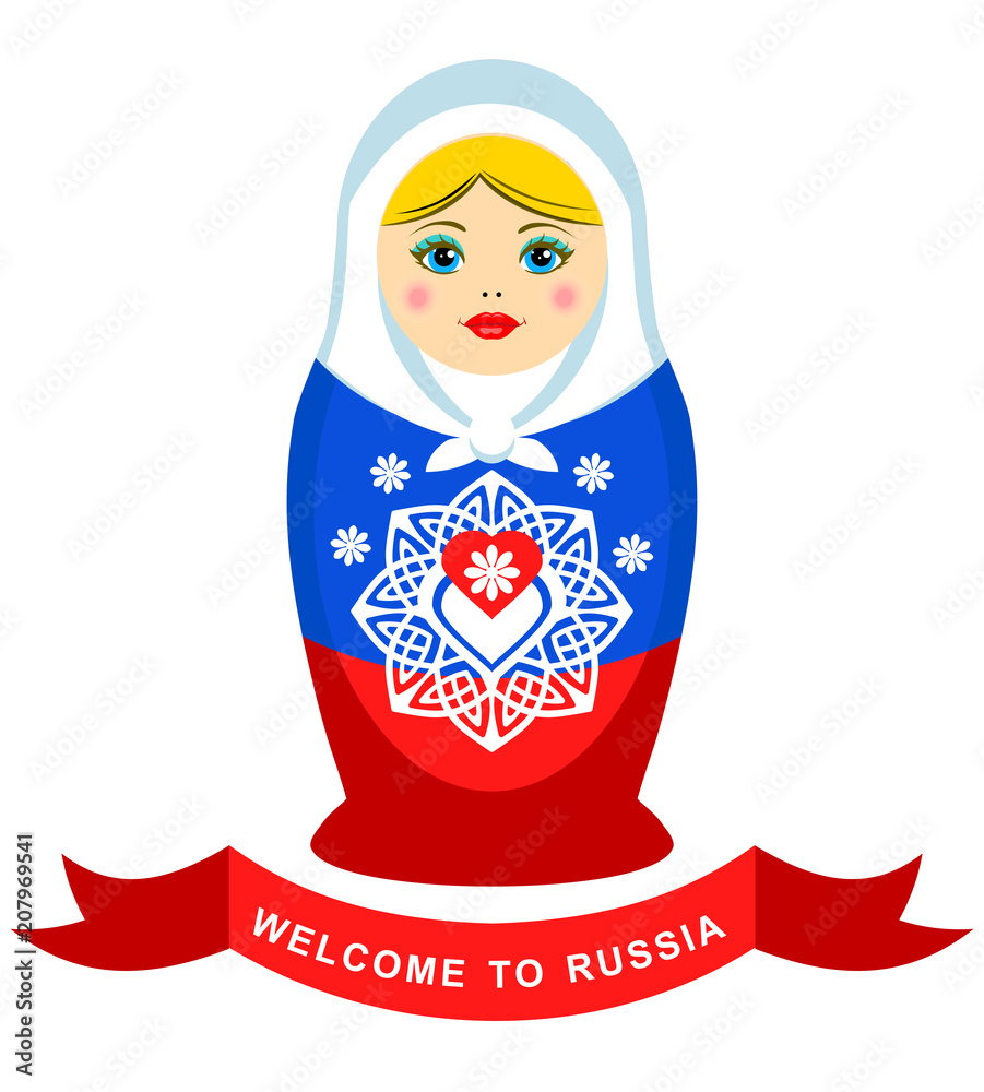 Wall mural Russian nesting doll with ornamental heart element. Colors of Rissian flag. Welcome to Russia.