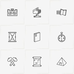 History line icon set with pyramid, book and sand watch