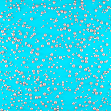 Texture of fabric with chaotically embroidered pink pearls of different sizes. Turquoise elegant background. Illustration.
