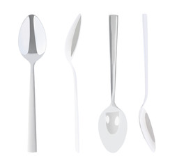 Set of different views of silver steel soup or tea spoons isolated on white background. Collection...