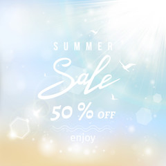 Summer sale lettering on blue summer beach background. Vector illustration EPS10