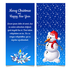 The pattern of double vertical Christmas card with snowman and sample text. Vector illustration.