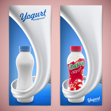Cherry drinking yogurt ads with natural taste and flavor with splashing milk swirl commercial vector mock-up hyperrealistic illustration