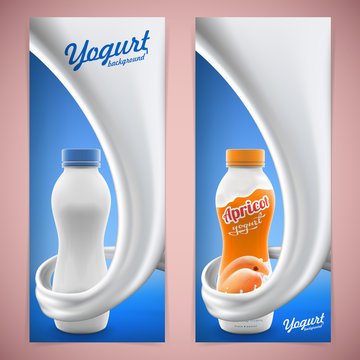 Apricot drinking yogurt ads with natural taste and flavor with splashing milk swirl commercial vector mock-up hyperrealistic illustration