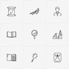 History line icon set with student , crossbow and sand watch