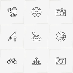 Hobbies line icon set with fishing rod, soccer ball and dumbbell