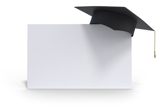 Education concept. Graduation cap on whiteboard isolated on white background. 3D rendered illustration.