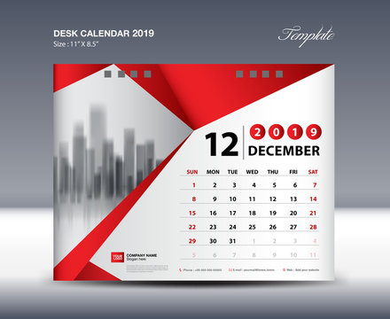 DECEMBER Desk Calendar 2019 Template, Week starts Sunday, Stationery design, flyer design vector, printing media creative idea design, red polygonal background concept, publication, advertisement