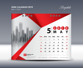 MAY Desk Calendar 2019 Template, Week starts Sunday, Stationery design, flyer design vector, printing media creative idea design, red polygonal background concept, publication, advertisement