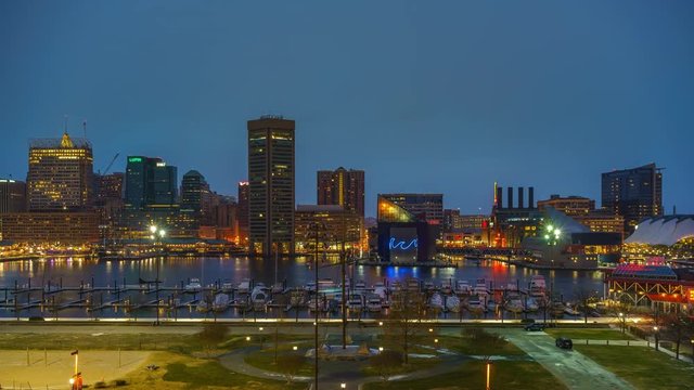 Day to night timelapse of Baltimore skyline and Inner Harbor from Federal Hill, Baltimore, Maryland