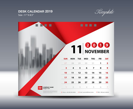NOVEMBER Desk Calendar 2019 Template, Week starts Sunday, Stationery design, flyer design vector, printing media creative idea design, red polygonal background concept, publication, advertisement