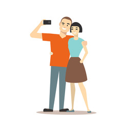 Cartoon Couple Takes Selfie Concept. Vector