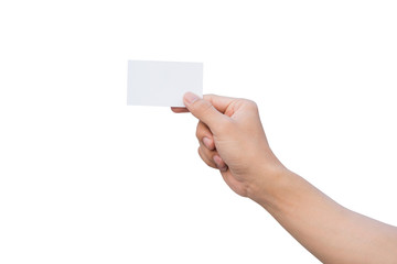 Hand holding white paper, Mockup of business cards. isolated on white background with clipping path
