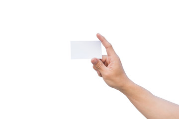 Hand holding white paper, Mockup of business cards. isolated on white background with clipping path