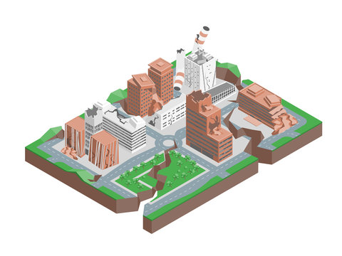 City Hit Earthquake Concept 3d Isometric View. Vector