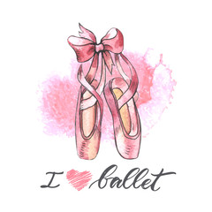 Illustration, hand drawn  pair of well-worn ballet pointes shoes © Olaola