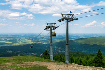 funicular. Summer landscape in the Czech mountains, a journey, a beautiful mountain slope in the fog