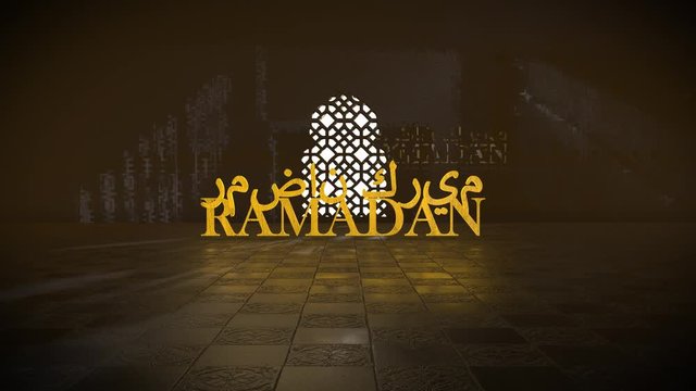 Ramadan Kareem Islamic mosque window Quran to Muhammad greeting 3D title render