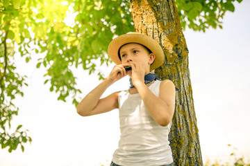 Young boy plays the harmonica standing under the tree and enjoying a beautiful summer day in the park Handsome kid relaxing outdoor playing a musical instrument with straw hat and bandana