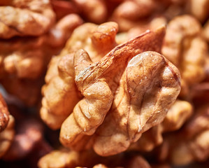 Close up picture of dried walnuts, selective focus.