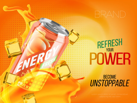 Apricot cold energy drink in metal can with ice and juice splash advertising banner, soda water branding ready mockup high quality 3d vector realistic illustration