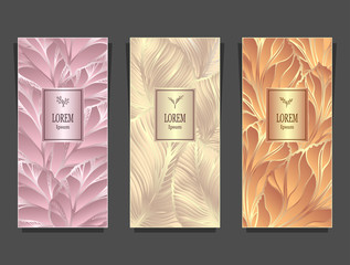 Set Template for package or flyer from Luxury background made by foil leaves in pink beige peachy for cosmetic or perfume or for alcohol label or for advertising jewelry or for brand book