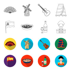 Flag with the coat of arms of Spain, a national dish with rice and tomatoes, a bottle of wine with a glass, a bullfighter, a matador. Spain country set collection icons in outline,flat style vector
