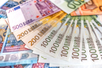 Obraz premium Euro Money Banknotes, pile of paper euro banknotes