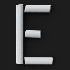 White blackboard chalks assembled capital letter E on rough blackboard, 3D rendered font image