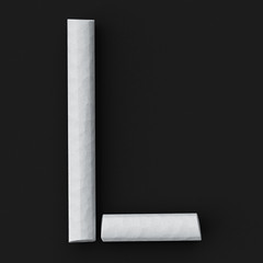 White blackboard chalks assembled capital letter L on rough blackboard, 3D rendered font image