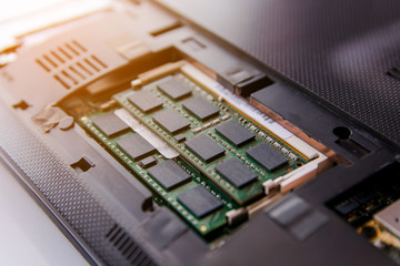 Close up RAM stick on Socket laptop
