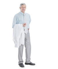 experienced doctor with a white robe on blurred background.