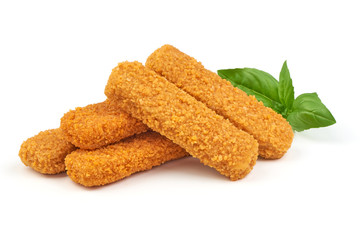 Fish fingers with basil isolated on white background.