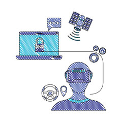 user with reality virtual mask and set icons technology vector illustration design